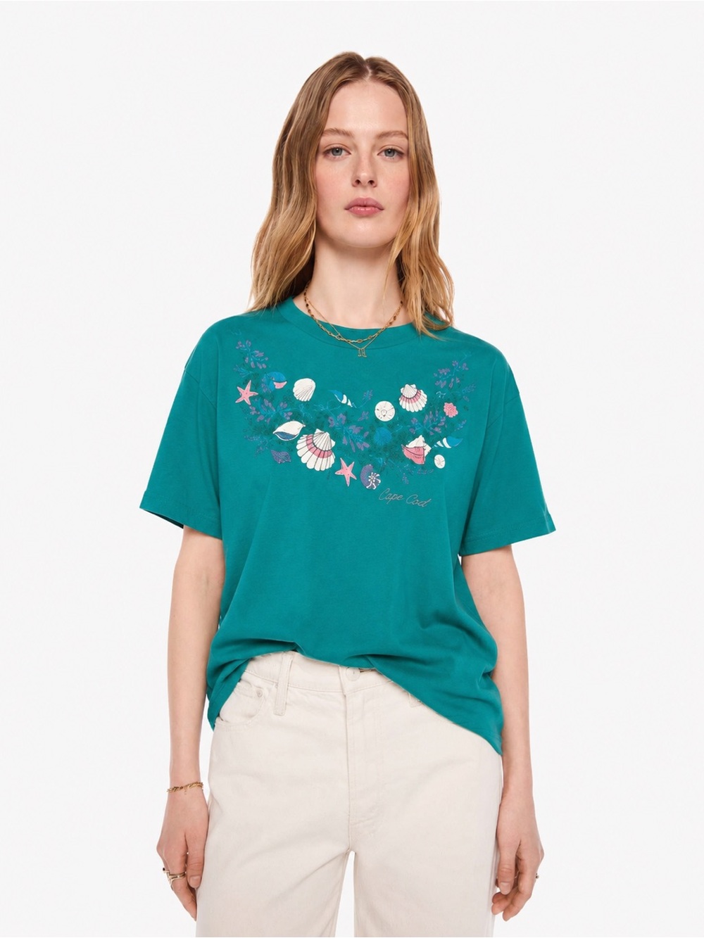Vintage Cape Cod Seashell Puff Paint Glitter Tee Shirt Short Sleeve Top Aqua 32